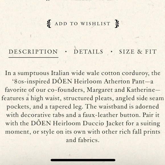 ❄️🎄DÔEN ’Atherton’ Heirloom Italian Wide Wale Cotton Corduroy Pant Siena 0/24 - Picture 7 of 10